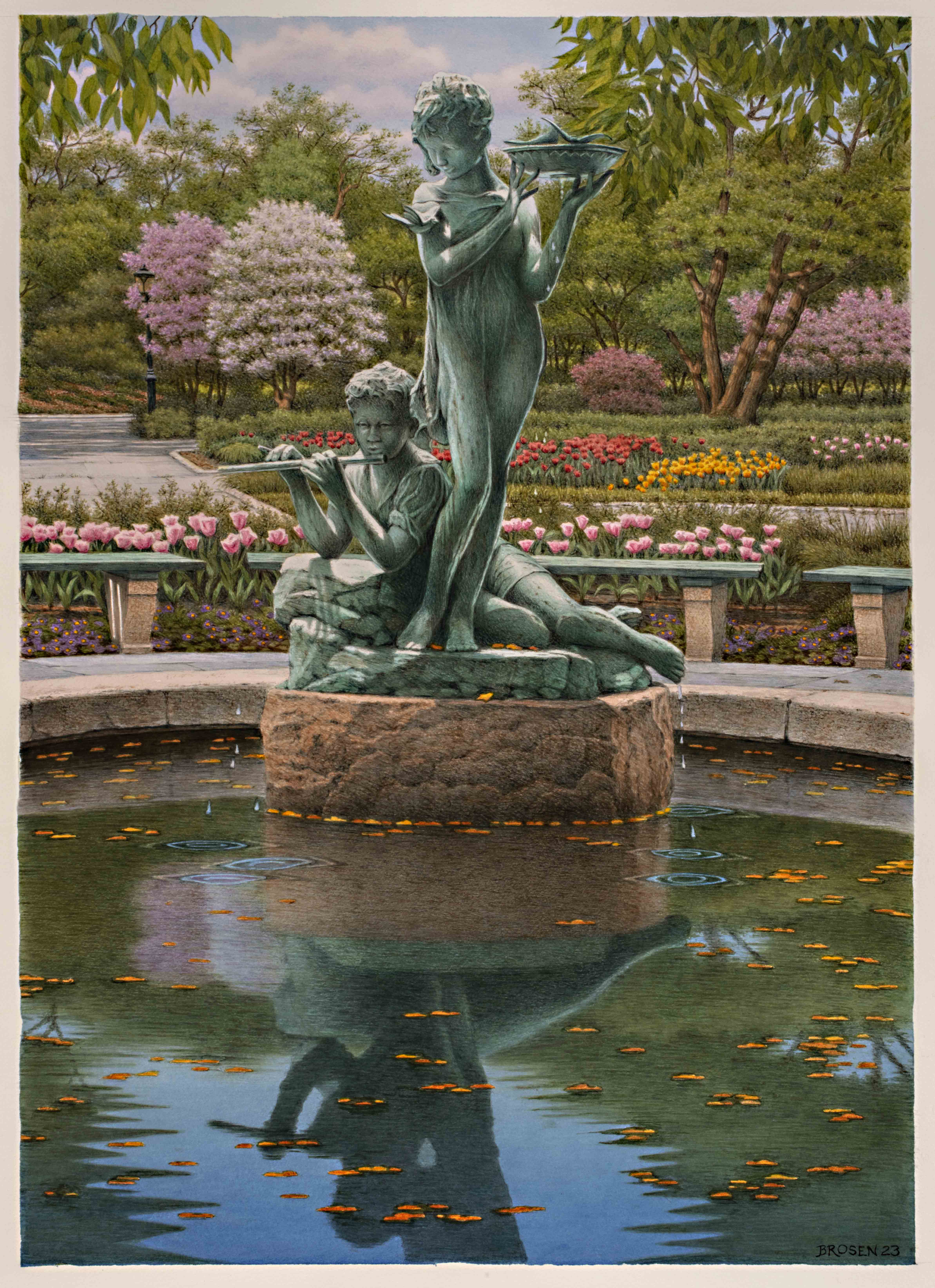 A painting of two child figure statues in a fountain with flowers and trees in the background.